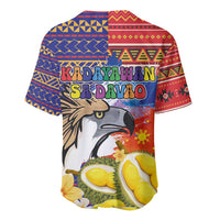 Red and blue baseball jersey, back view with eagle graphic and durian fruit