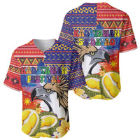 Red and blue baseball jersey with eagle face, durian fruit, tropical floral print