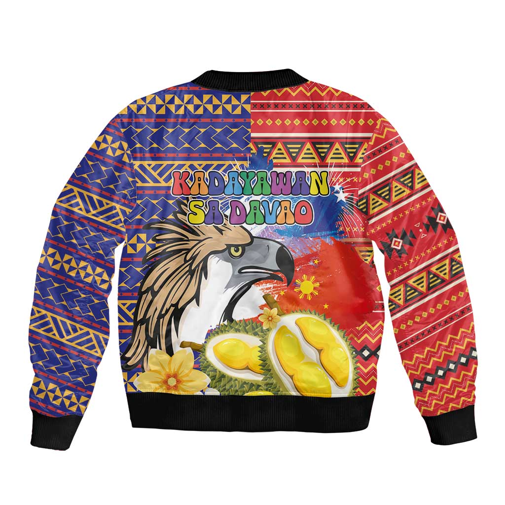 Red bomber jacket with eagle, durian fruit, and tribal geometric pattern