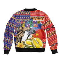 Red bomber jacket with eagle, durian fruit, and tribal geometric pattern