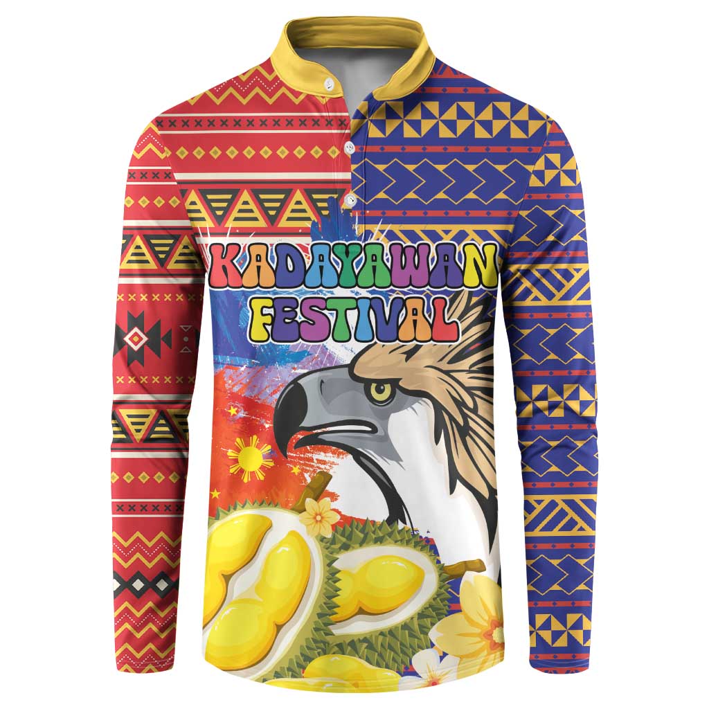 Button-front sweatshirt with eagle and durian graphic, colorful geometric tribal pattern