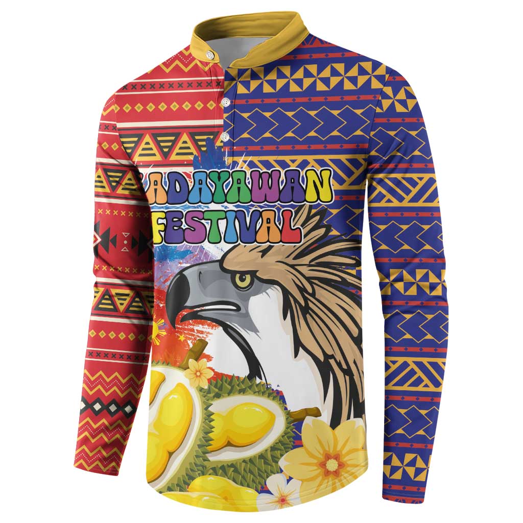 Button-front sweatshirt with eagle and durian graphic, yellow-and-blue tribal stripes
