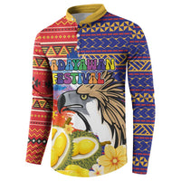 Button-front sweatshirt with eagle and durian graphic, yellow-and-blue tribal stripes