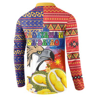 Button-front sweatshirt back with eagle and durian graphic and blue/red tribal geometric trim