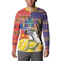 Men's button-front sweatshirt with colorful tribal patterns and eagle, durian graphic