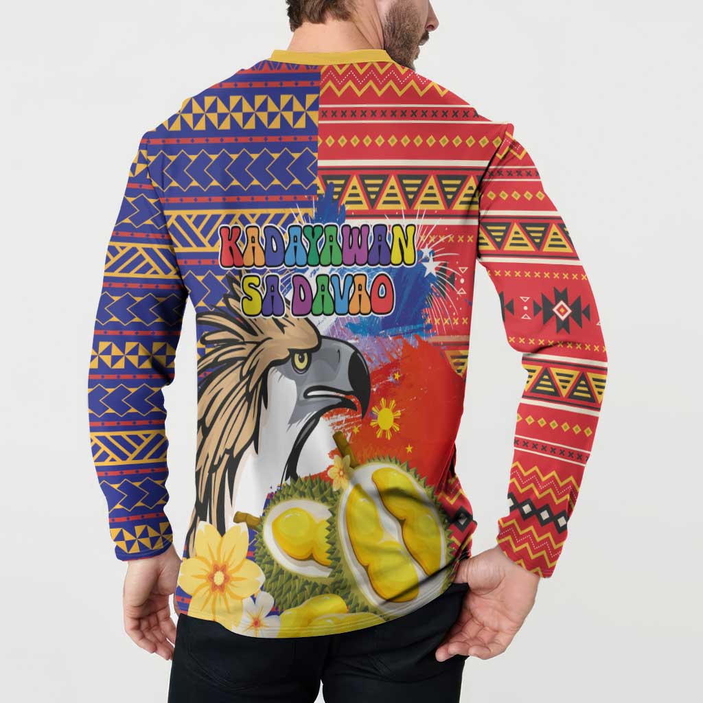 Button-front sweatshirt back view with eagle and durian graphic and tropical flower accents