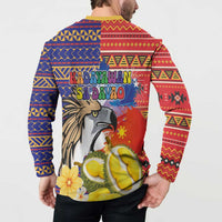 Button-front sweatshirt back view with eagle and durian graphic and tropical flower accents