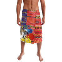 Men's red sarong-style shorts with eagle and durian graphic, geometric border