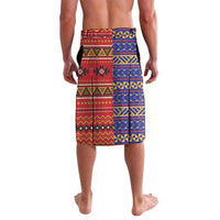 Men's patterned sarong-style shorts, red and blue geometric blocks, back view