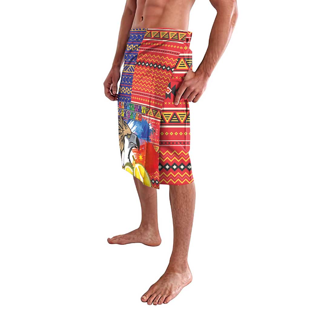 Men's red sarong-style shorts with side eagle head and durian fruit graphic