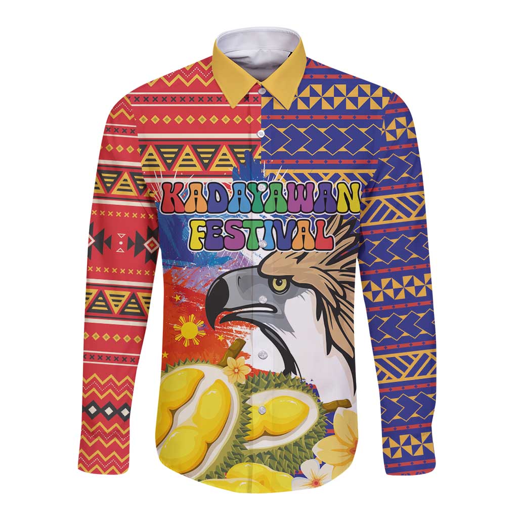 Red long-sleeve button shirt with tribal patterns and eagle graphic with durian fruit