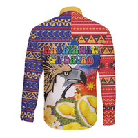 Red long-sleeve button shirt, back view, tribal print with eagle and durian fruit