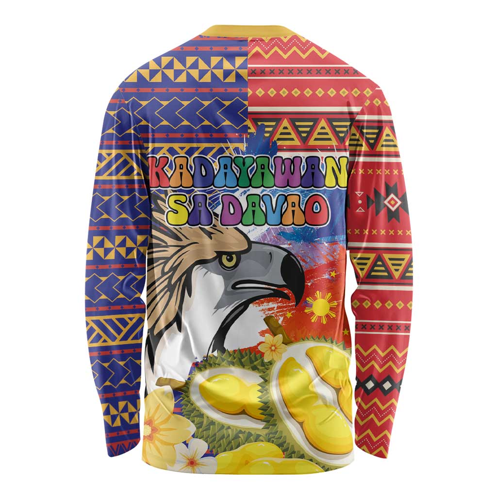 Unisex long-sleeve shirt in red and blue with eagle, durian, and floral accents