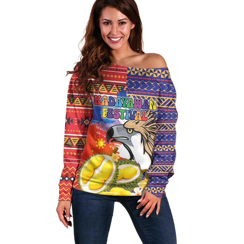 Philippines Kadayawan Off Shoulder Sweater Filipino Eagle Durian with Polynesian and Igorots Pattern - Wonder Print Shop