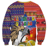 Multicolor eagle festival graphic sweatshirt with geometric pattern and crew neck.