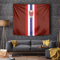 Red Norway flag tapestry with centered shield crest over white and purple vertical stripe