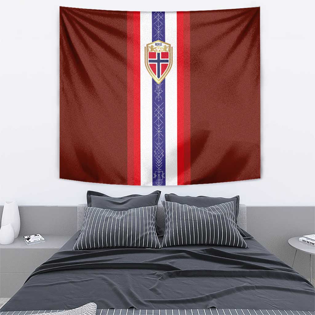 Red Norway flag tapestry hung on wall, featuring crest above white and purple vertical stripe