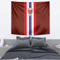 Red Norway flag tapestry hung on wall, featuring crest above white and purple vertical stripe