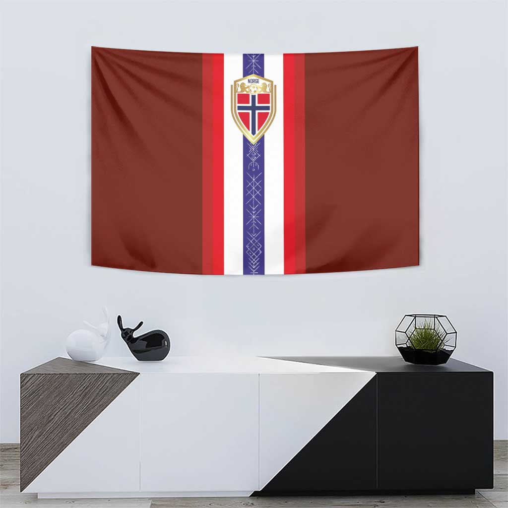 Red Norway flag tapestry with crest medallion on a white center stripe and purple panel