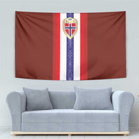 Red Norway flag tapestry with shield crest and white/purple striped design on hanging fabric