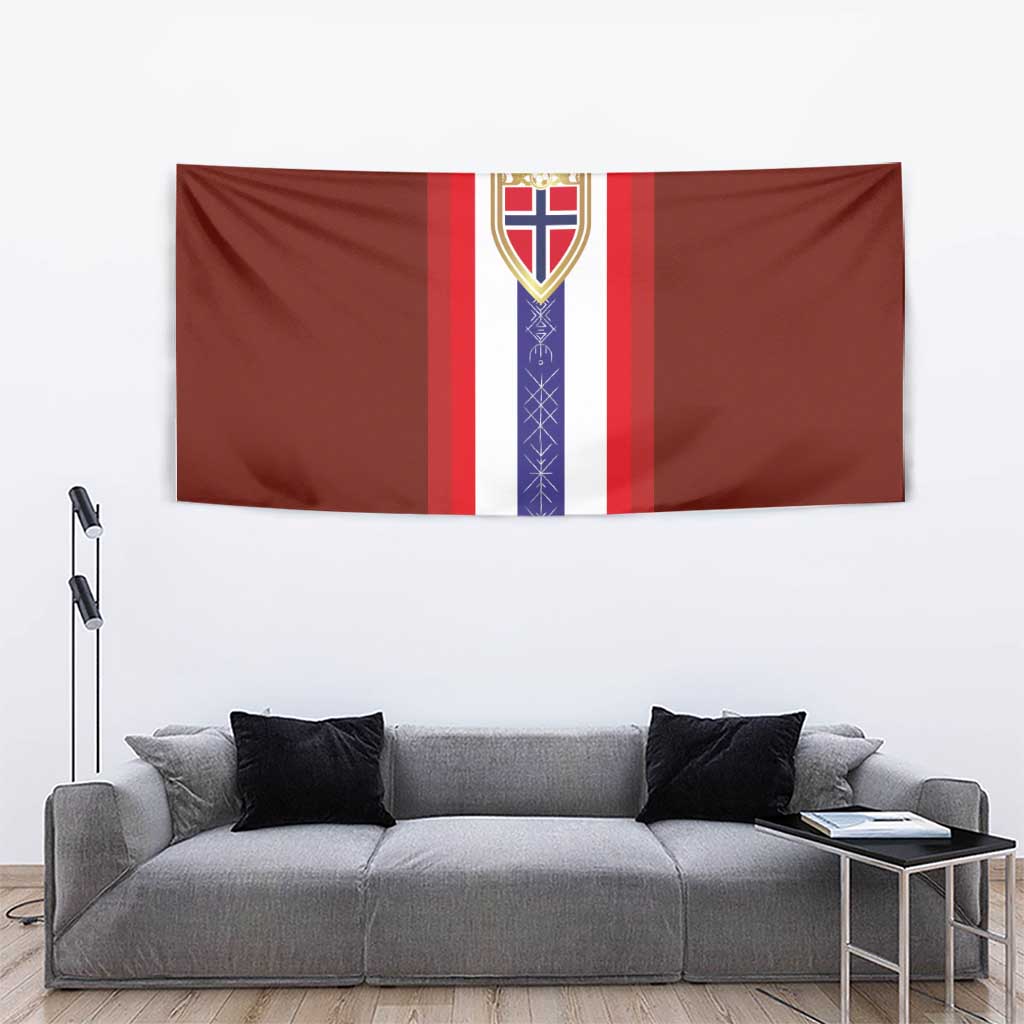 Red Norway flag tapestry showing Norway crest above white and purple vertical stripes