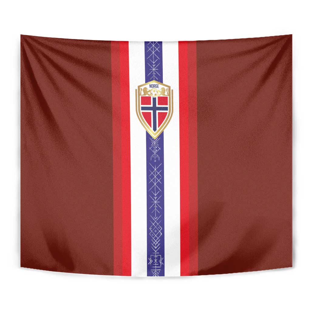 Red Norway flag tapestry, white center stripe with purple pattern and shield crest