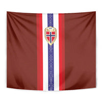 Red Norway flag tapestry, white center stripe with purple pattern and shield crest