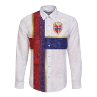 White long-sleeve button football shirt with Norwegian flag rosemaling panel