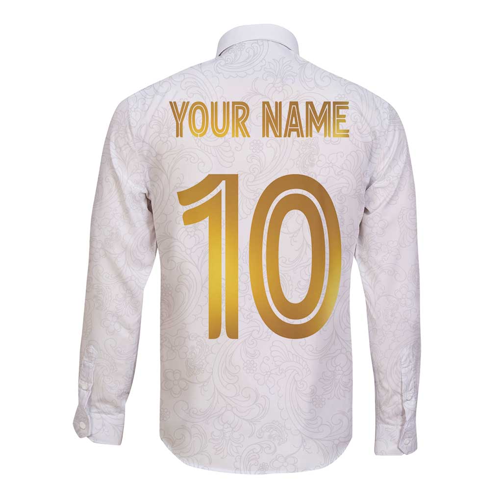 White long-sleeve button football shirt back with rosemaling, 'YOUR NAME' 10