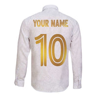 White long-sleeve button football shirt back with rosemaling, 'YOUR NAME' 10