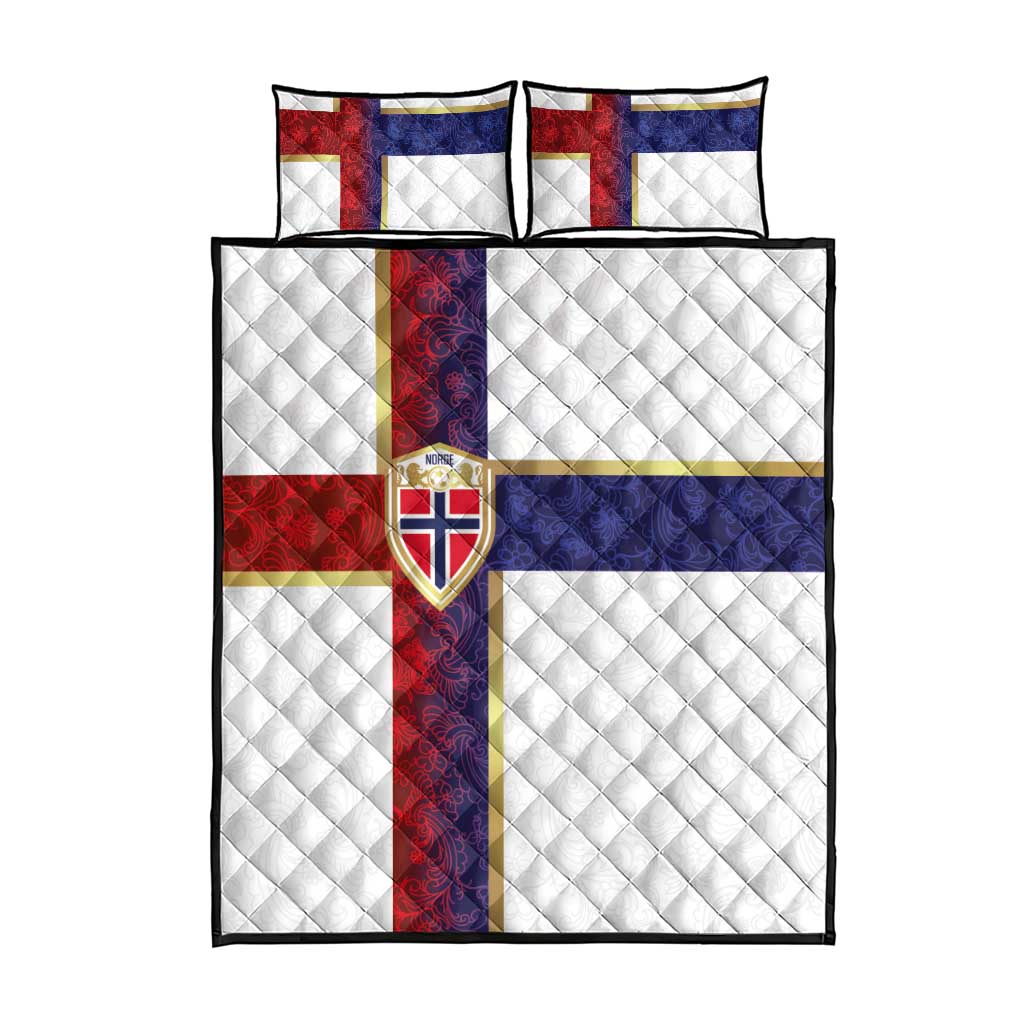 Quilt bed set with two pillows: white base with red-blue cross and gold-trim crest