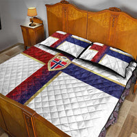 Quilt bed set with matching pillows: white quilt with red-blue flag cross and crest emblem