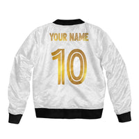 White bomber jacket back with gold “YOUR NAME” and number 10