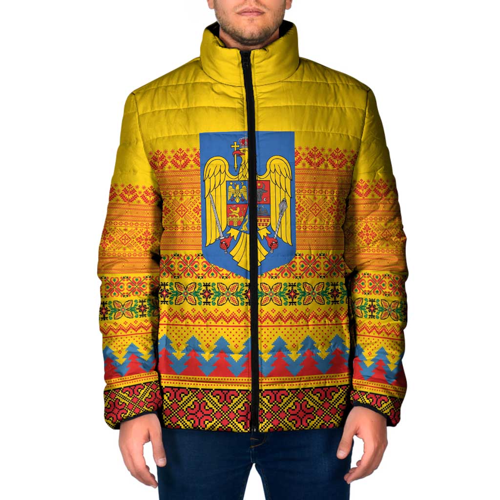 Romania Merry Christmas Padded Jacket Romania Emblem Traditional Folk Art - Wonder Print Shop