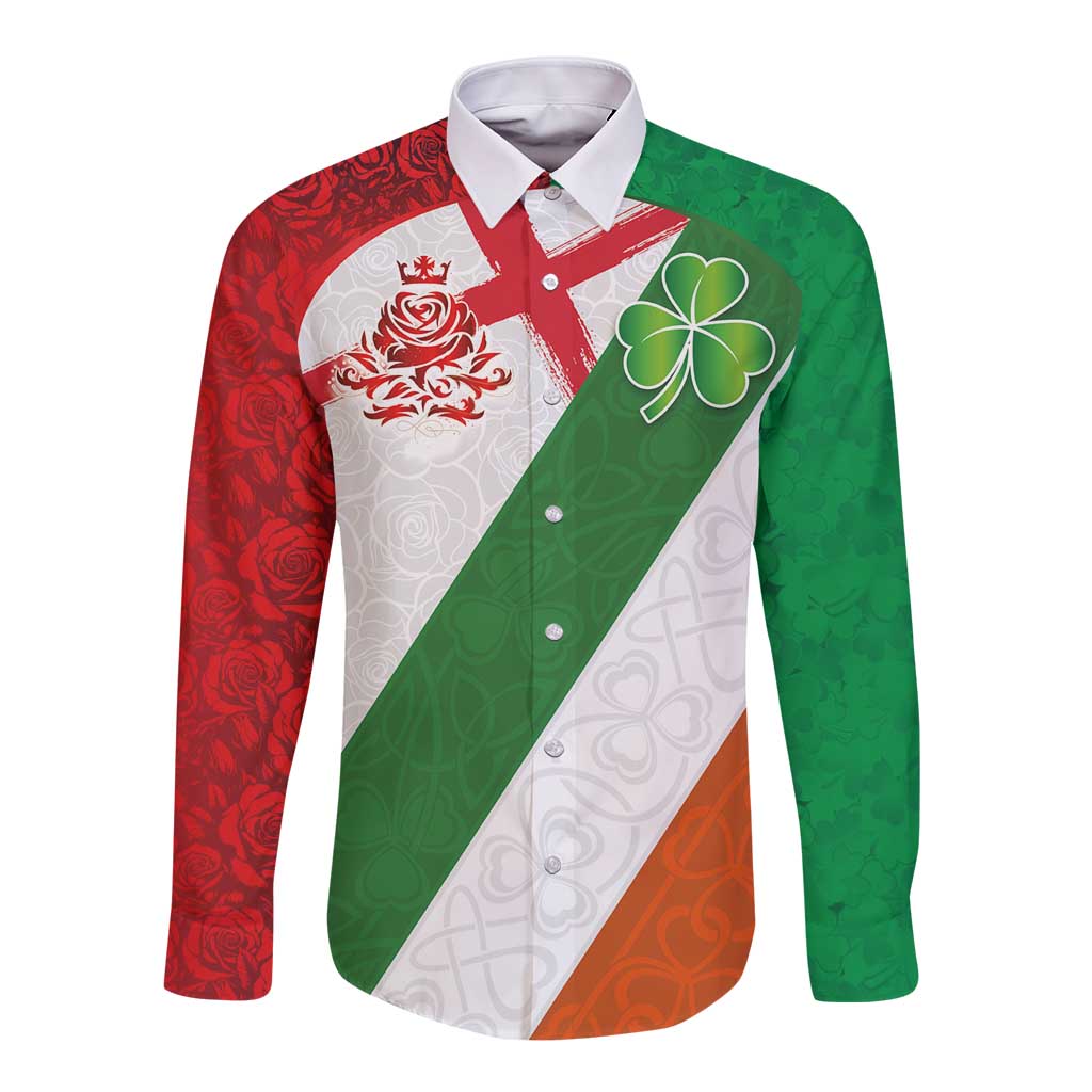 Long-sleeve button shirt, red/green/white diagonal panels with clover and rose prints