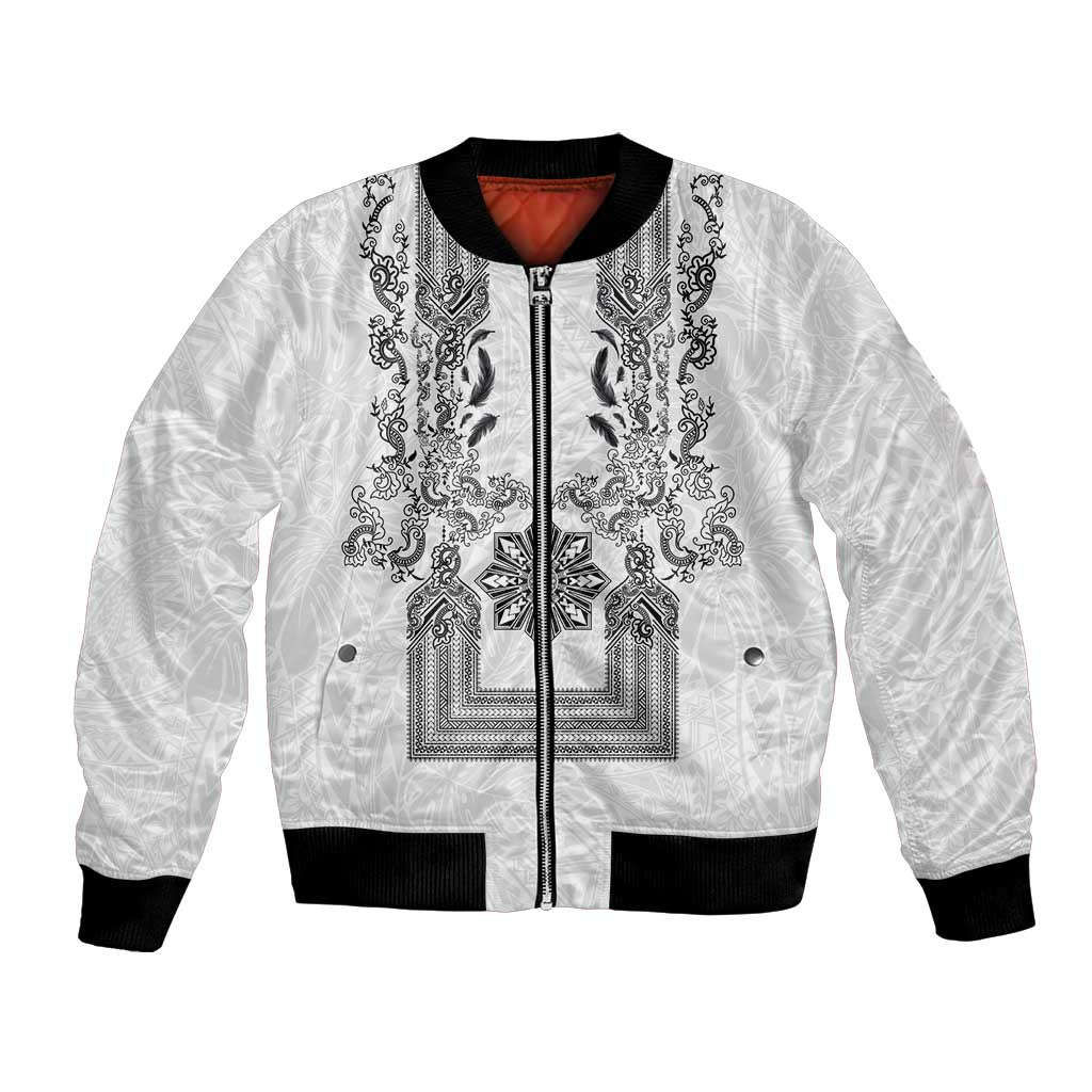 Philippines Barong Style Bomber Jacket with Polynesian Art and Leaf Motif Black-White Color