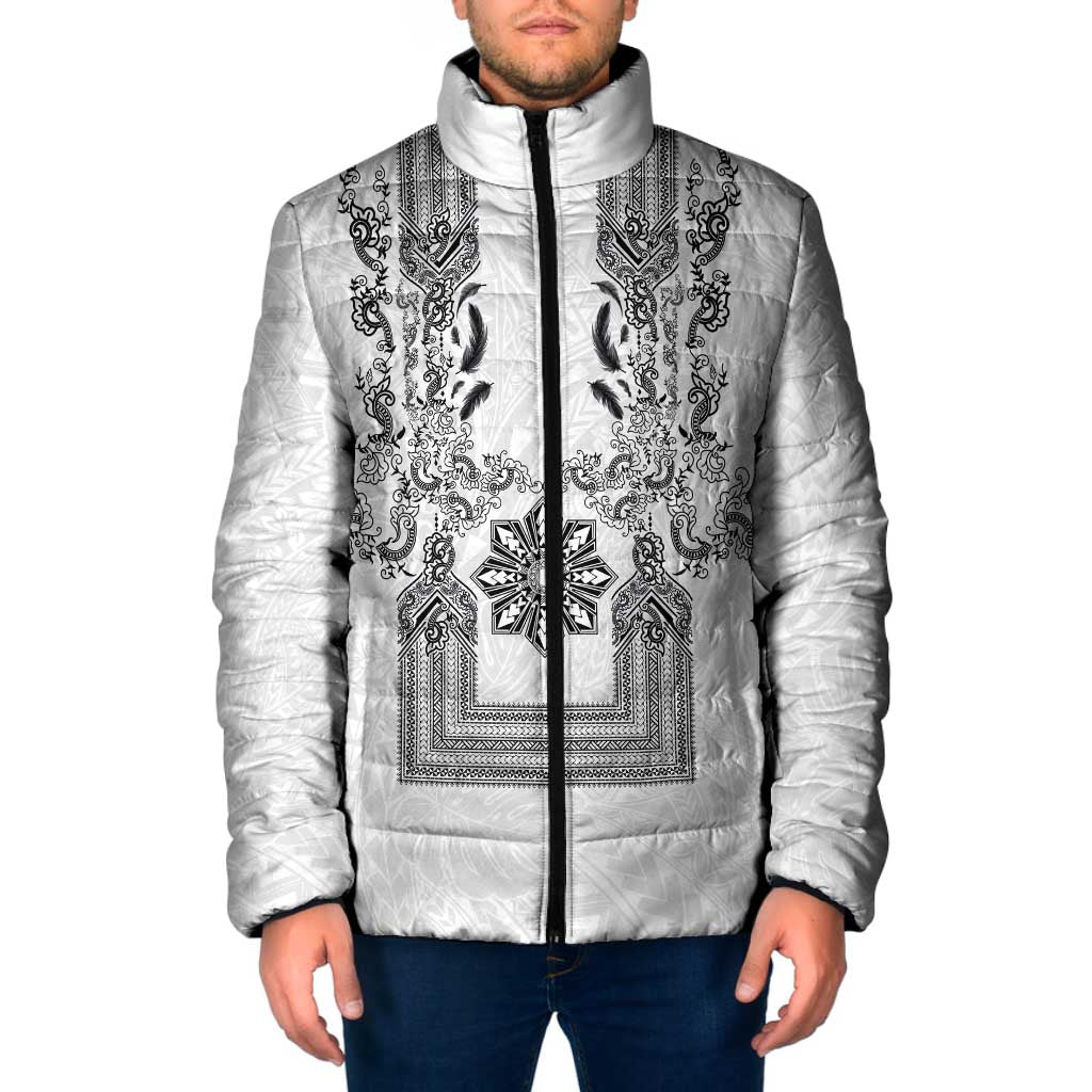 Philippines Barong Style Padded Jacket with Polynesian Art and Leaf Motif Black-White Color