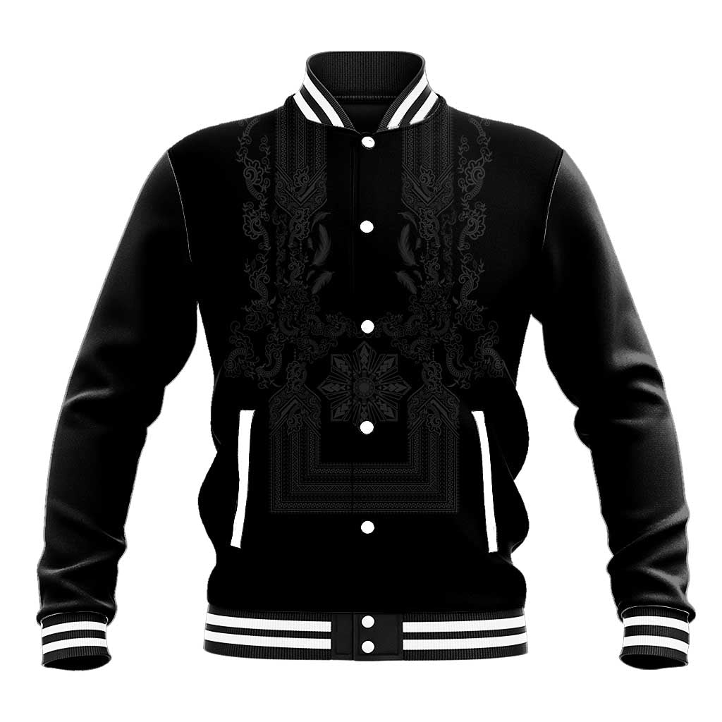 Philippines Barong Style Baseball Jacket with Polynesian Art and Leaf Motif Black Color