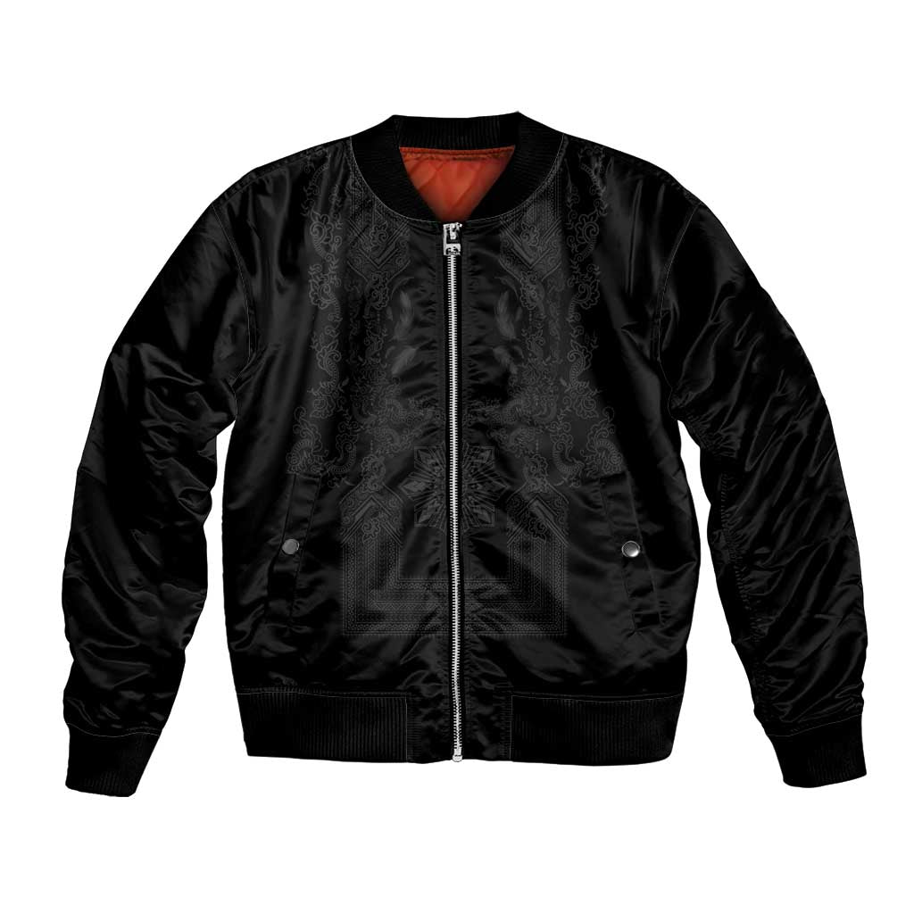 Philippines Barong Style Bomber Jacket with Polynesian Art and Leaf Motif Black Color