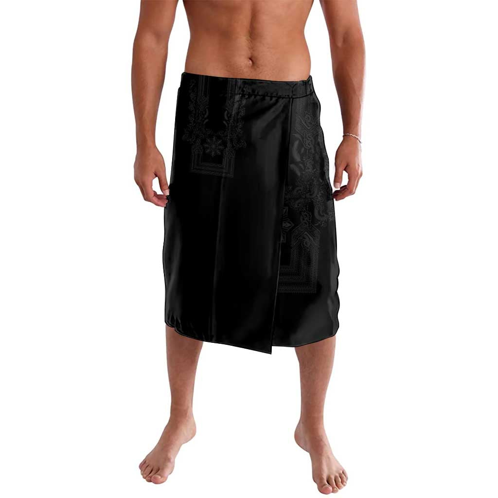 Philippines Barong Style Lavalava with Polynesian Art and Leaf Motif Black Color