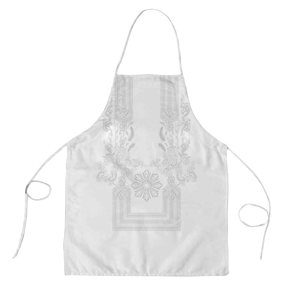 Philippines Barong Style Apron with Polynesian Art and Leaf Motif White Color