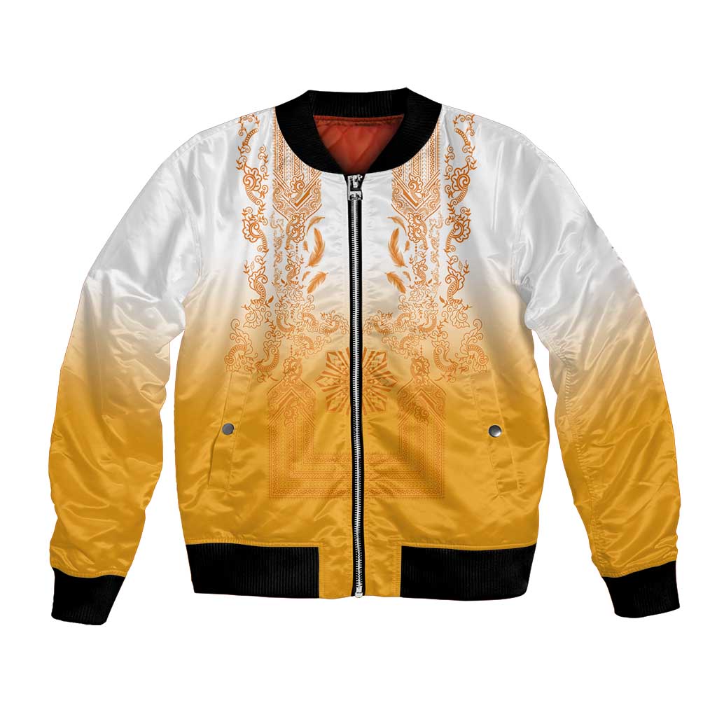 Philippines Barong Style Bomber Jacket with Polynesian Art and Leaf Motif Yellow Color