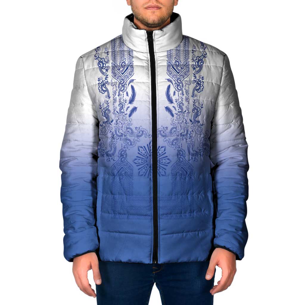 Philippines Barong Style Padded Jacket with Polynesian Art and Leaf Motif Blue Color