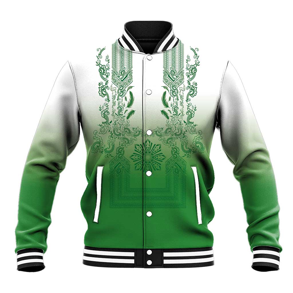 Philippines Barong Style Baseball Jacket with Polynesian Art and Leaf Motif Green Color