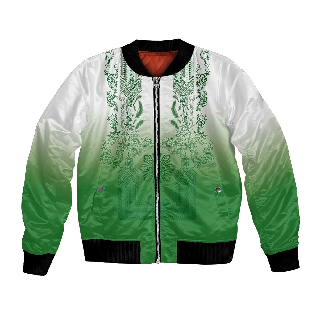 Philippines Barong Style Bomber Jacket with Polynesian Art and Leaf Motif Green Color