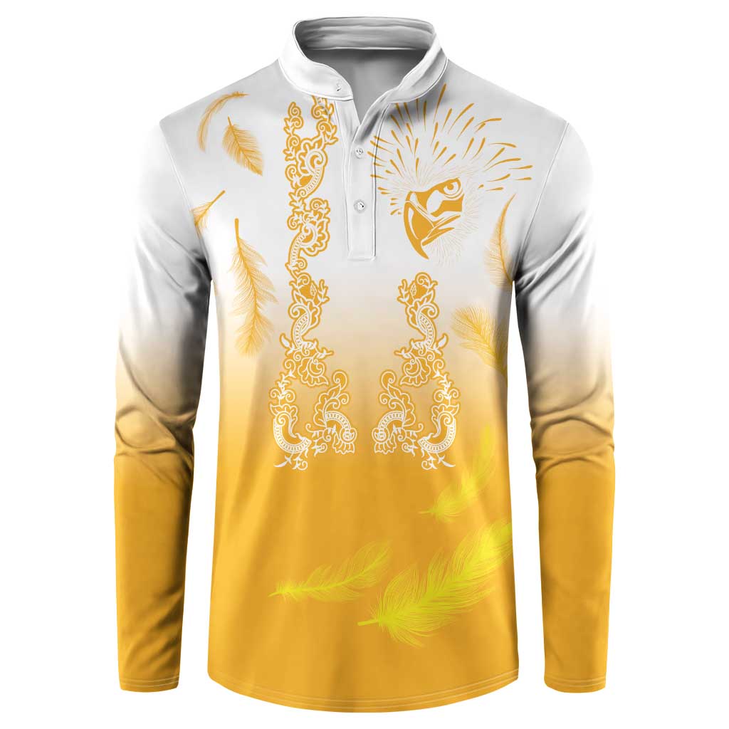Yellow barong-style button sweatshirt with eagle and gold feather embroidery