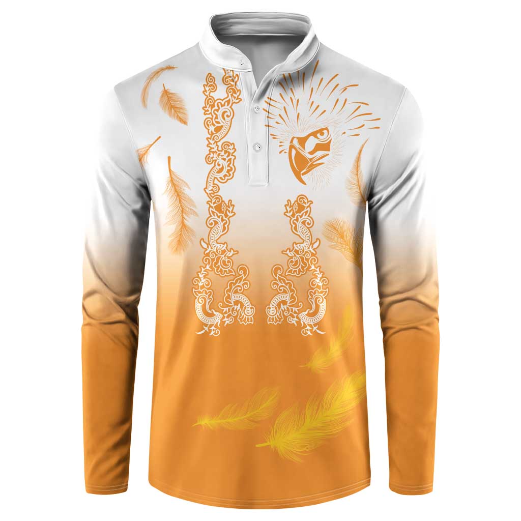 Orange-and-white button-front sweatshirt with eagle, feathers and ornamental scrolls