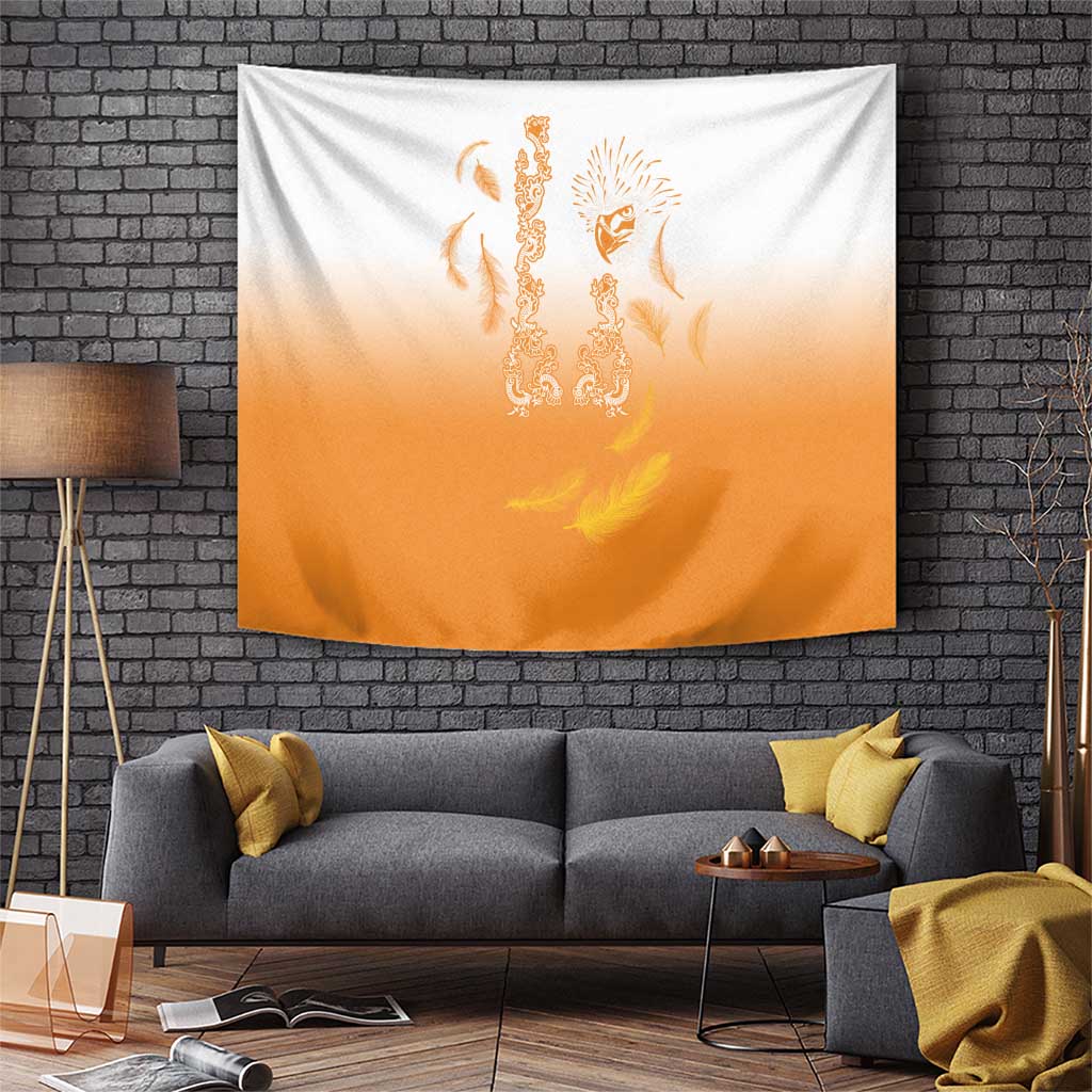 Orange barong Tagalog tapestry with ornate gold eagle-feather design
