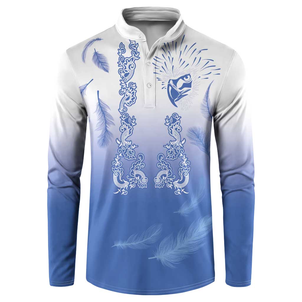 Long-sleeve button-front sweatshirt, white/blue with eagle-and-feather graphic