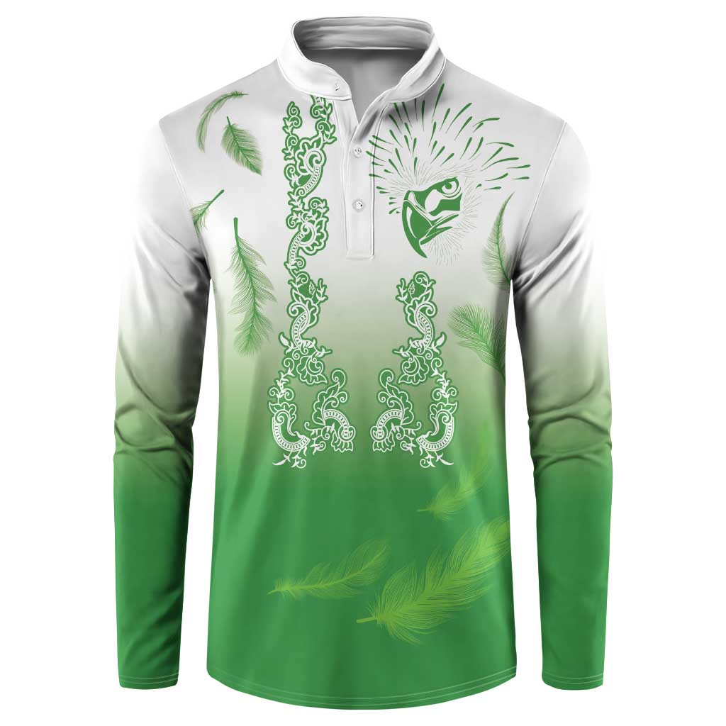 Green and white long-sleeve shirt with button placket and eagle-feather front design